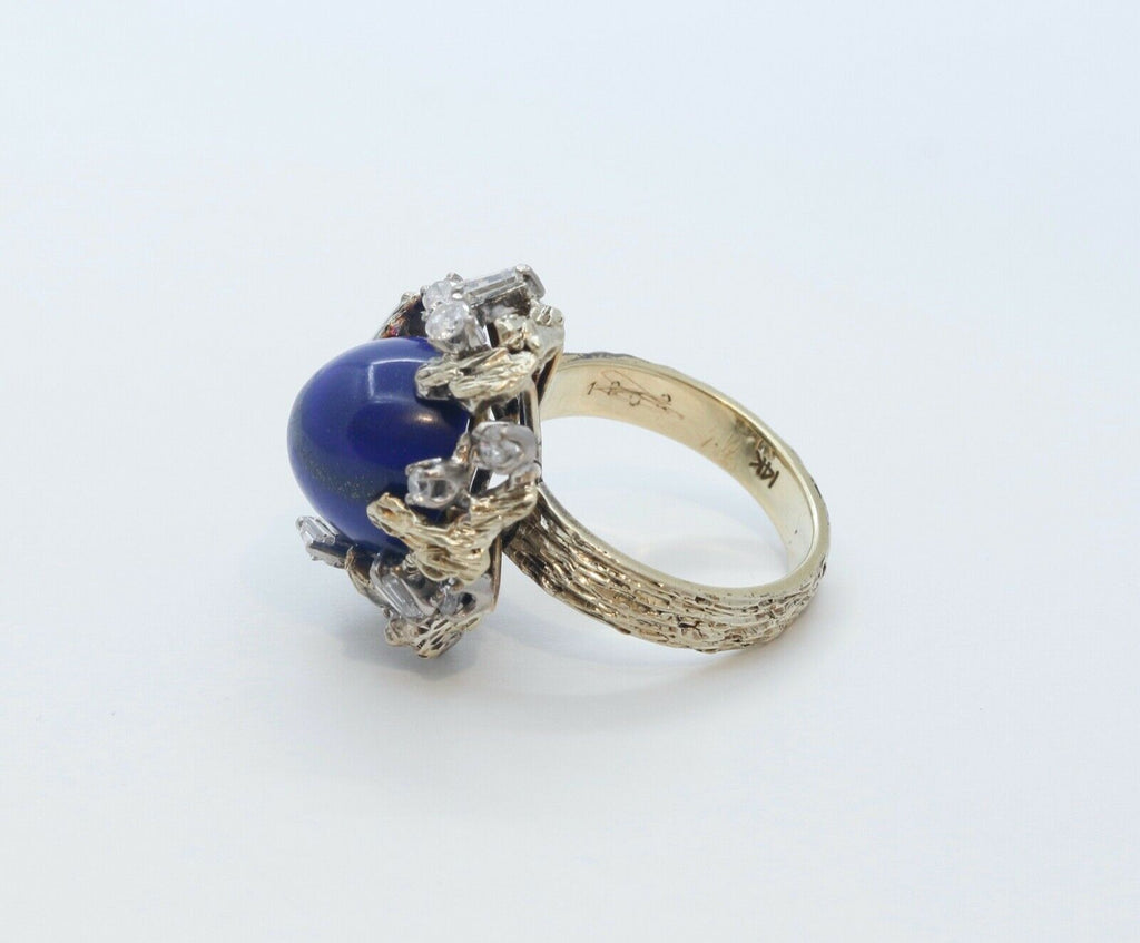 Vintage Tree Vine Cabochon Lapis Lazuli Diamonds 14K Yellow Gold Ring