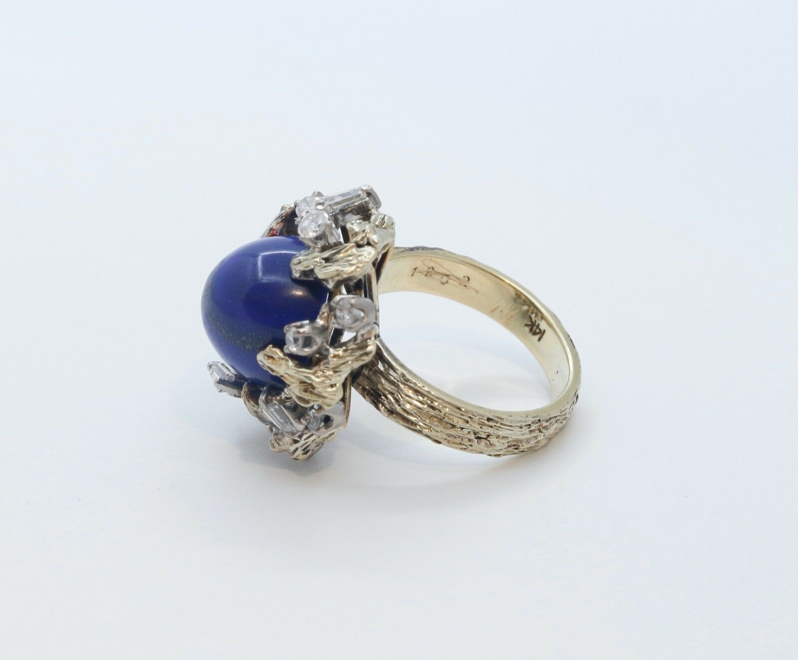 Vintage Tree Vine Cabochon Lapis Lazuli Diamonds 14K Yellow Gold Ring