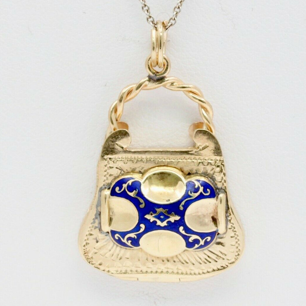 Vintage 14K Yellow Gold Enamel Opening Purse Pendant