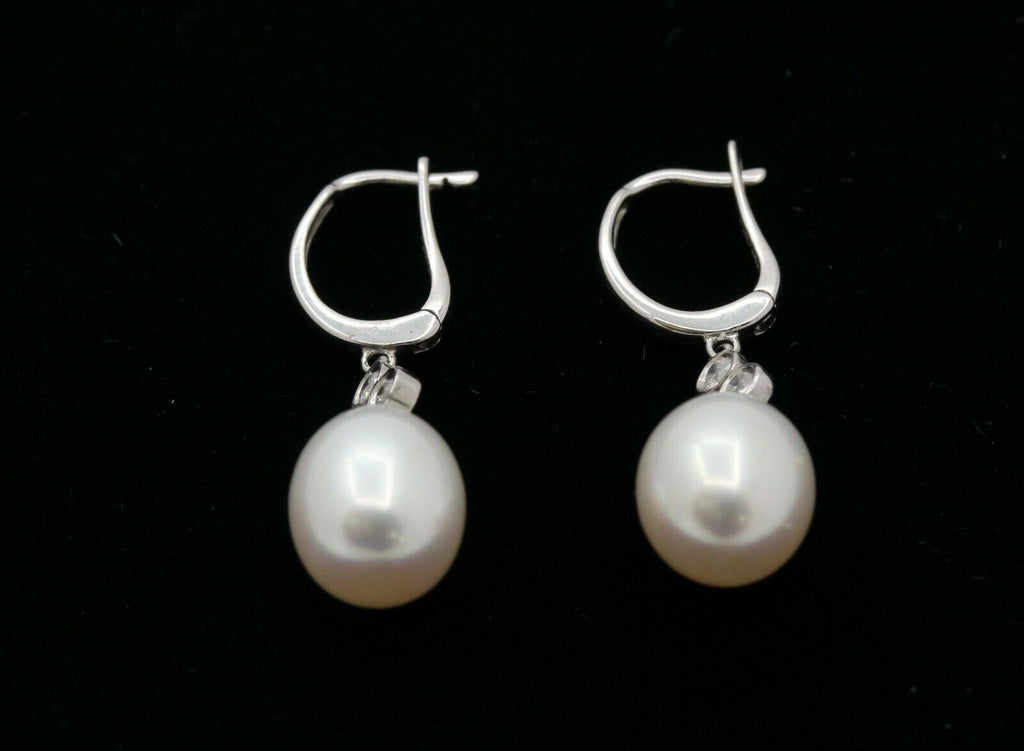 Vintage 14K White Gold Hanging Pearl Diamond Earrings