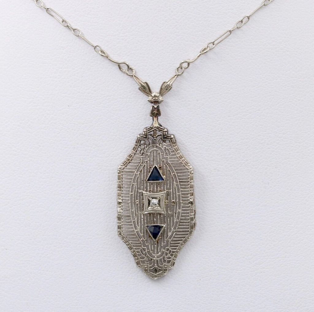 Art Deco 10K Gold Filigree Diamond & Sapphire Pendant Necklace