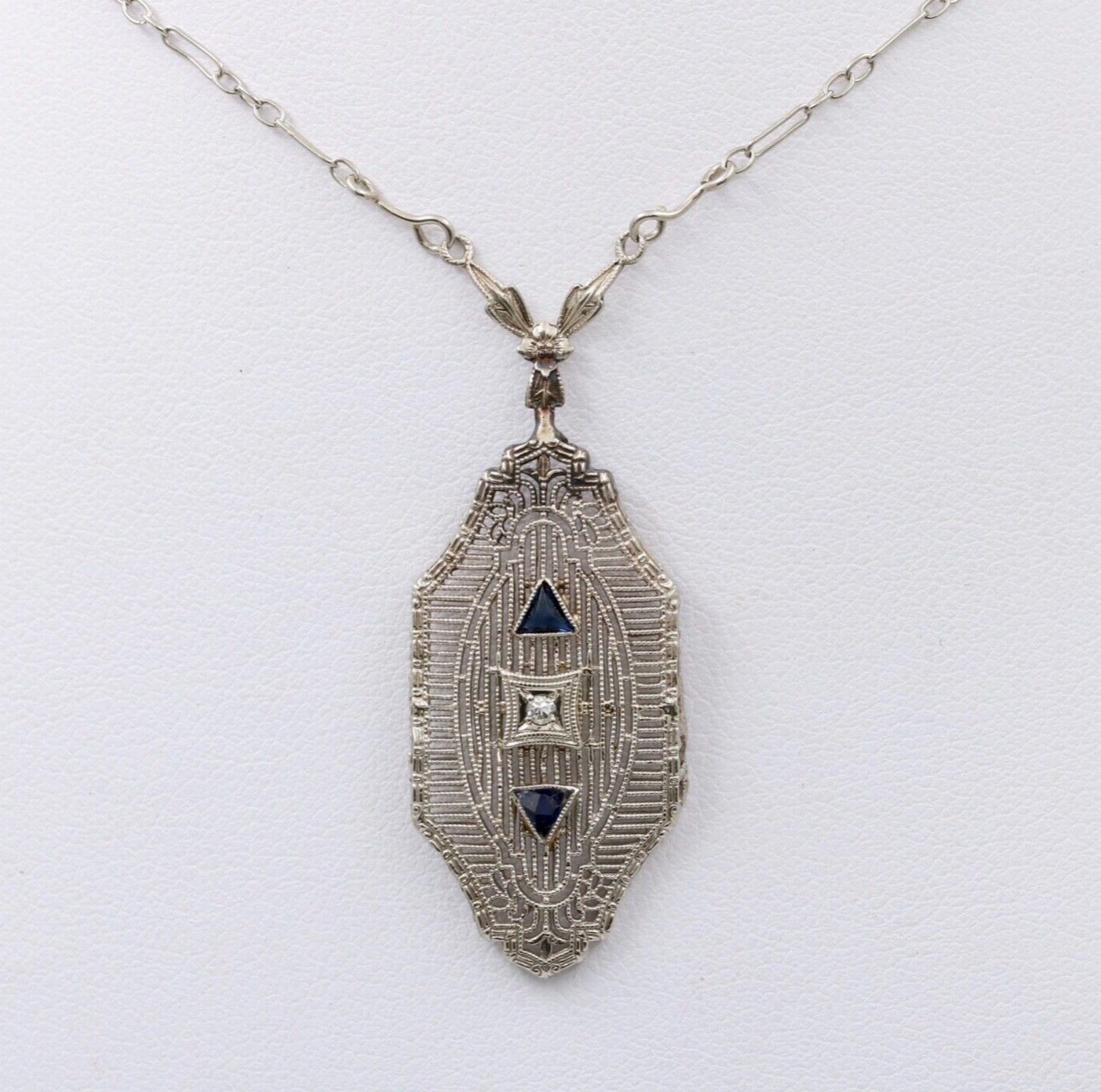 Art Deco 10K Gold Filigree Diamond & Sapphire Pendant Necklace