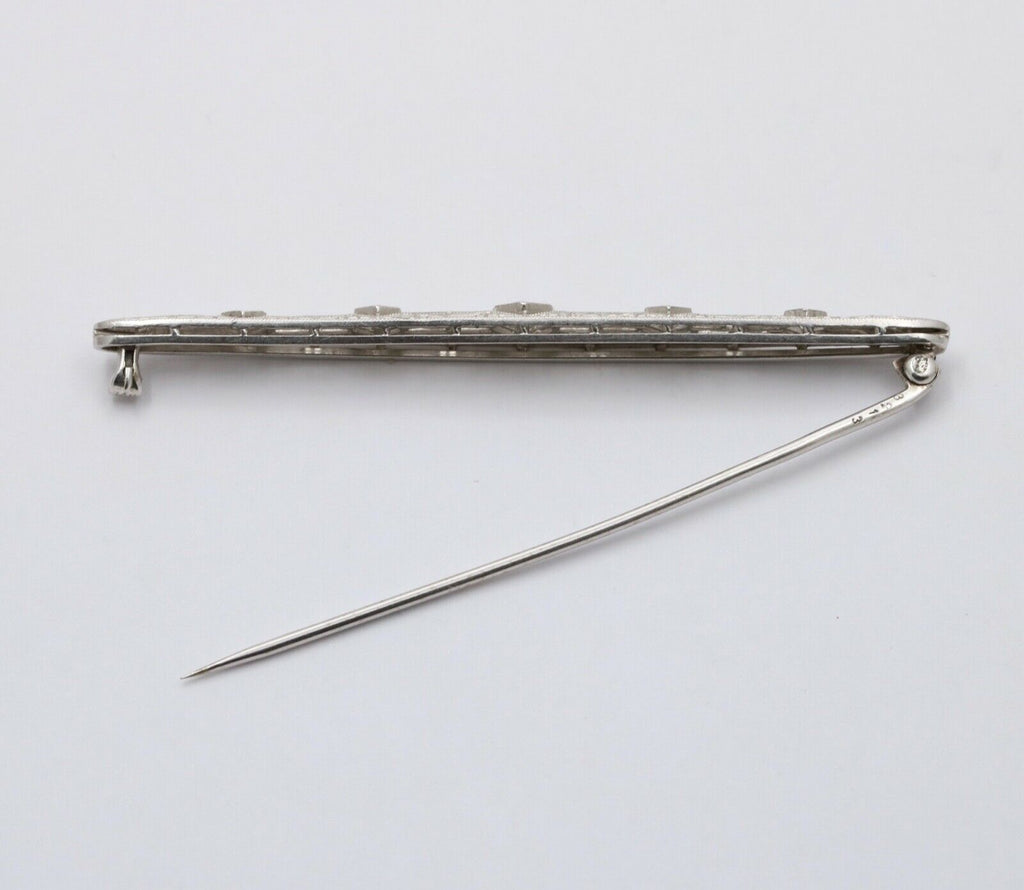 Art Deco 14K White Gold Diamond Filigree Bar Pin, Brooch