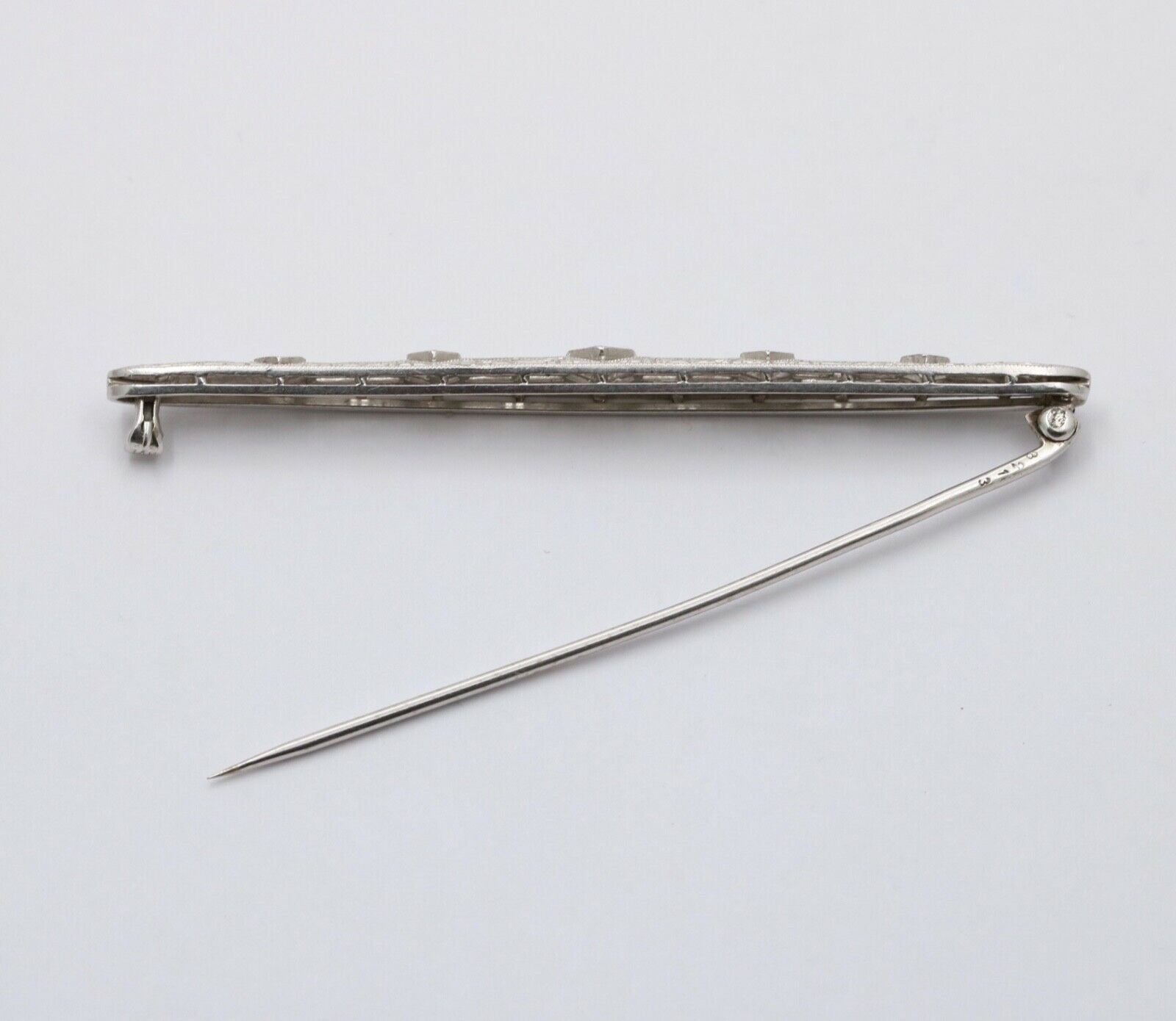 Art Deco 14K White Gold Diamond Filigree Bar Pin, Brooch