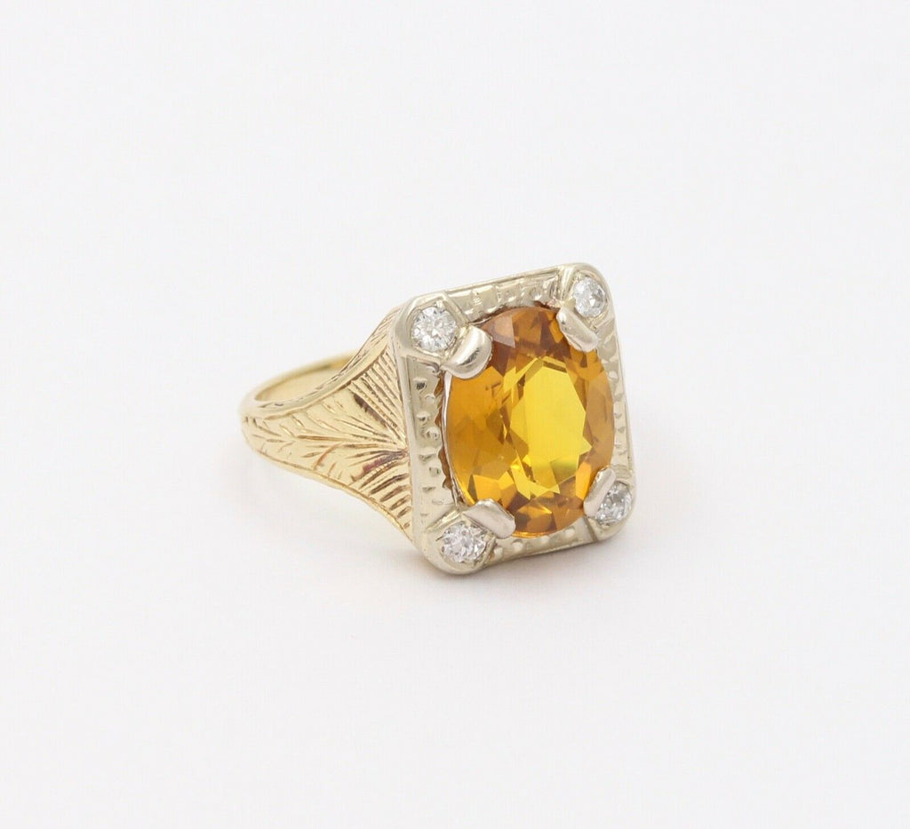 Art Deco Lemon Citrine Diamonds 14K Yellow White Gold Ring