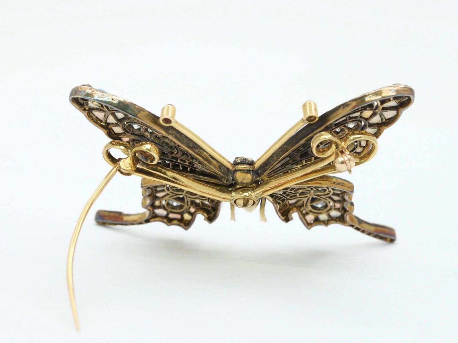 Beautiful Vintage Butterfly Brooch 14K Sterling Silver Diamonds Rubies Opals