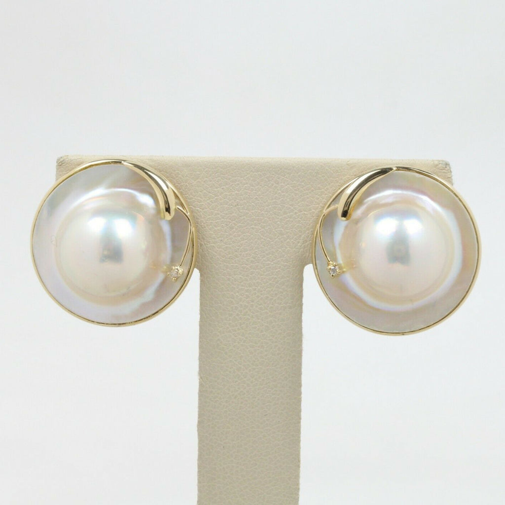 Vintage 14K Yellow Gold Mabe Pearl & Diamond Clip Earrings