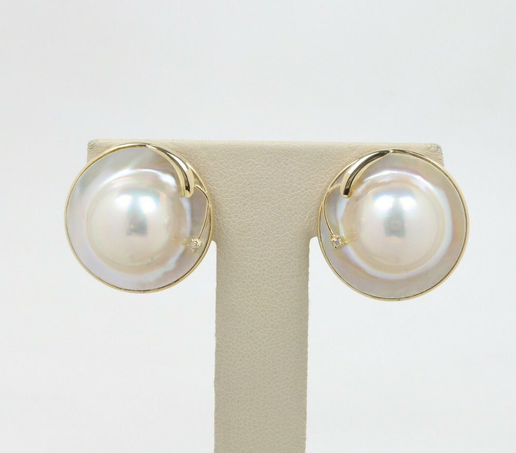 Vintage 14K Yellow Gold Mother Of Pearl Diamond Clip Earrings