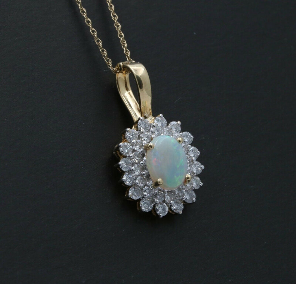 Vintage 14K Yellow Gold Australian Opal & Diamond Halo Pendant, Necklace.