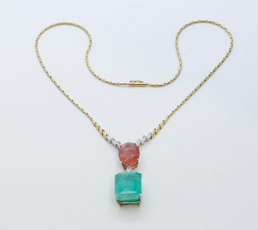 Vintage 18K Yellow Gold Huge Natural Emerald Tourmaline Diamond Statement Neckla