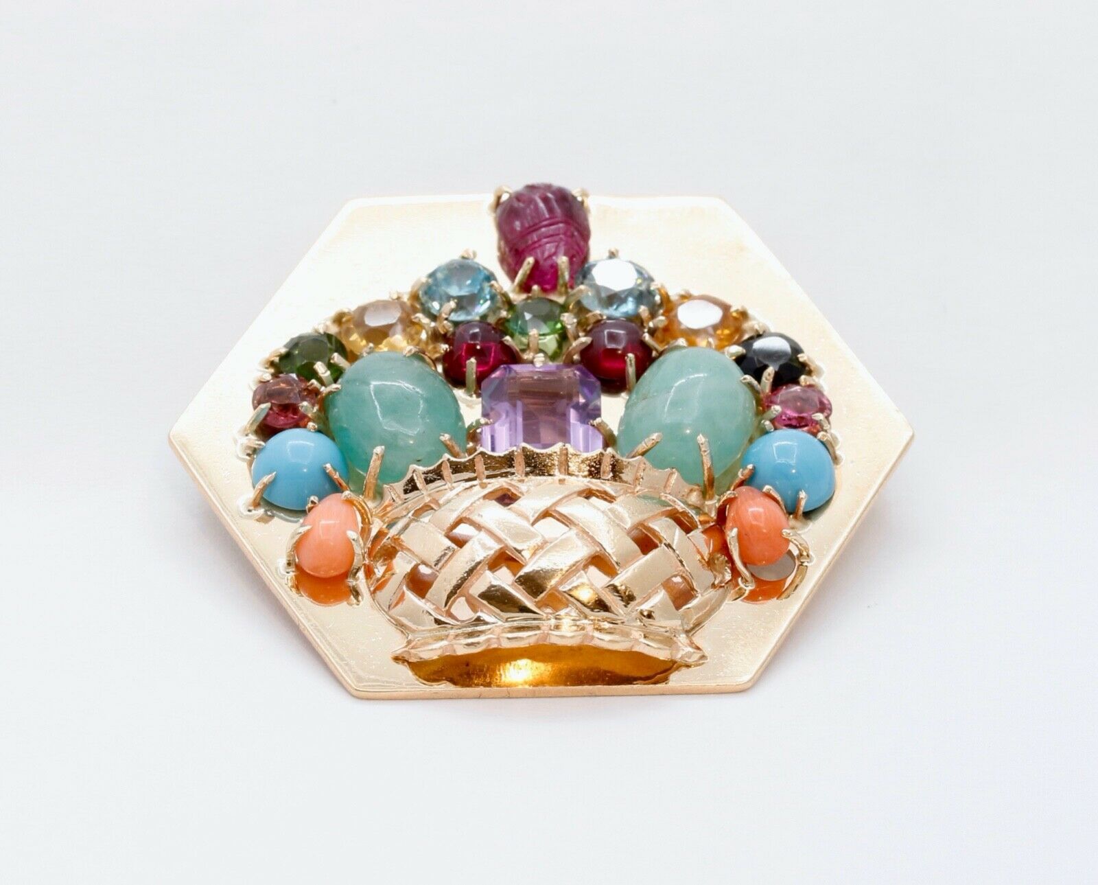 Vintage Multi Stone Flower Basket 14K Yellow Gold Brooch Pin