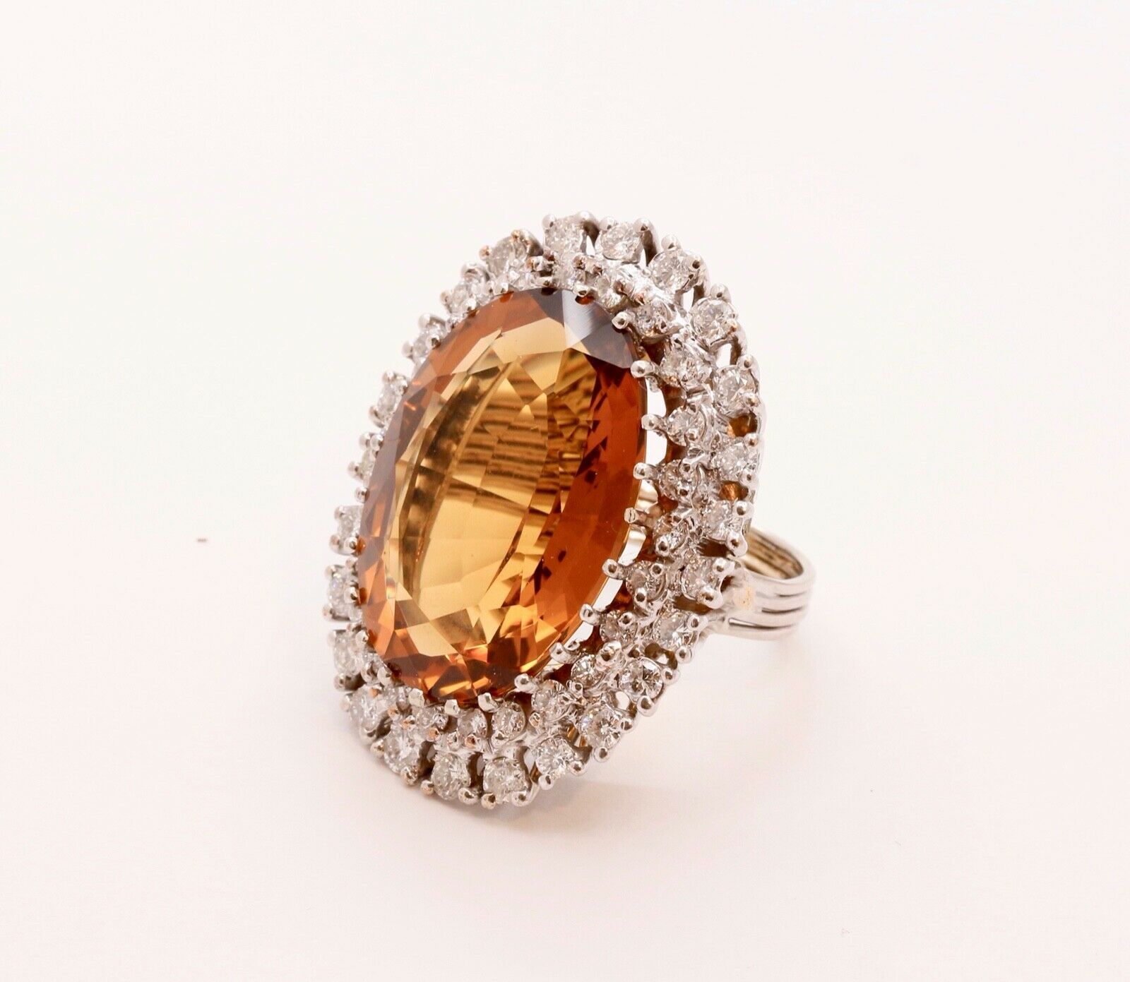 Vintage Statement Ring with Citrine Diamonds 14K White Gold