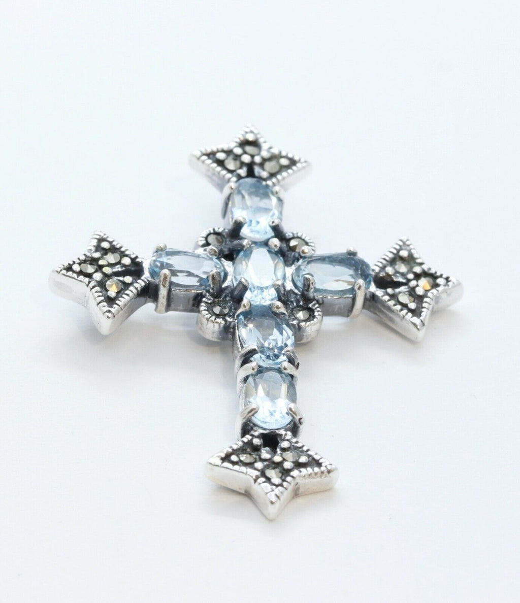 Navajo Synthetic Aquamarine Marcasite Sterling Silver Cross Pendant