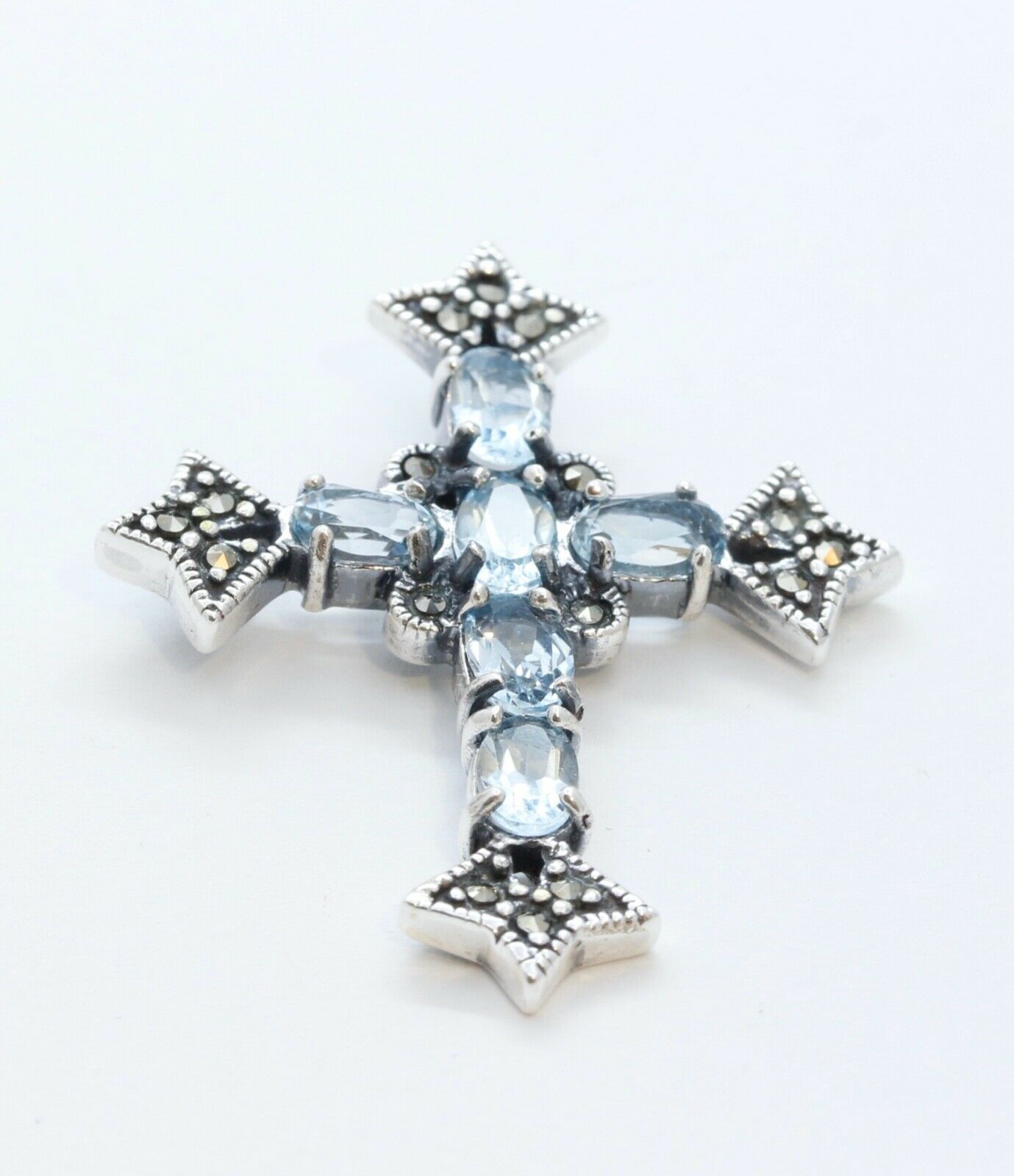 Navajo Synthetic Aquamarine Marcasite Sterling Silver Cross Pendant