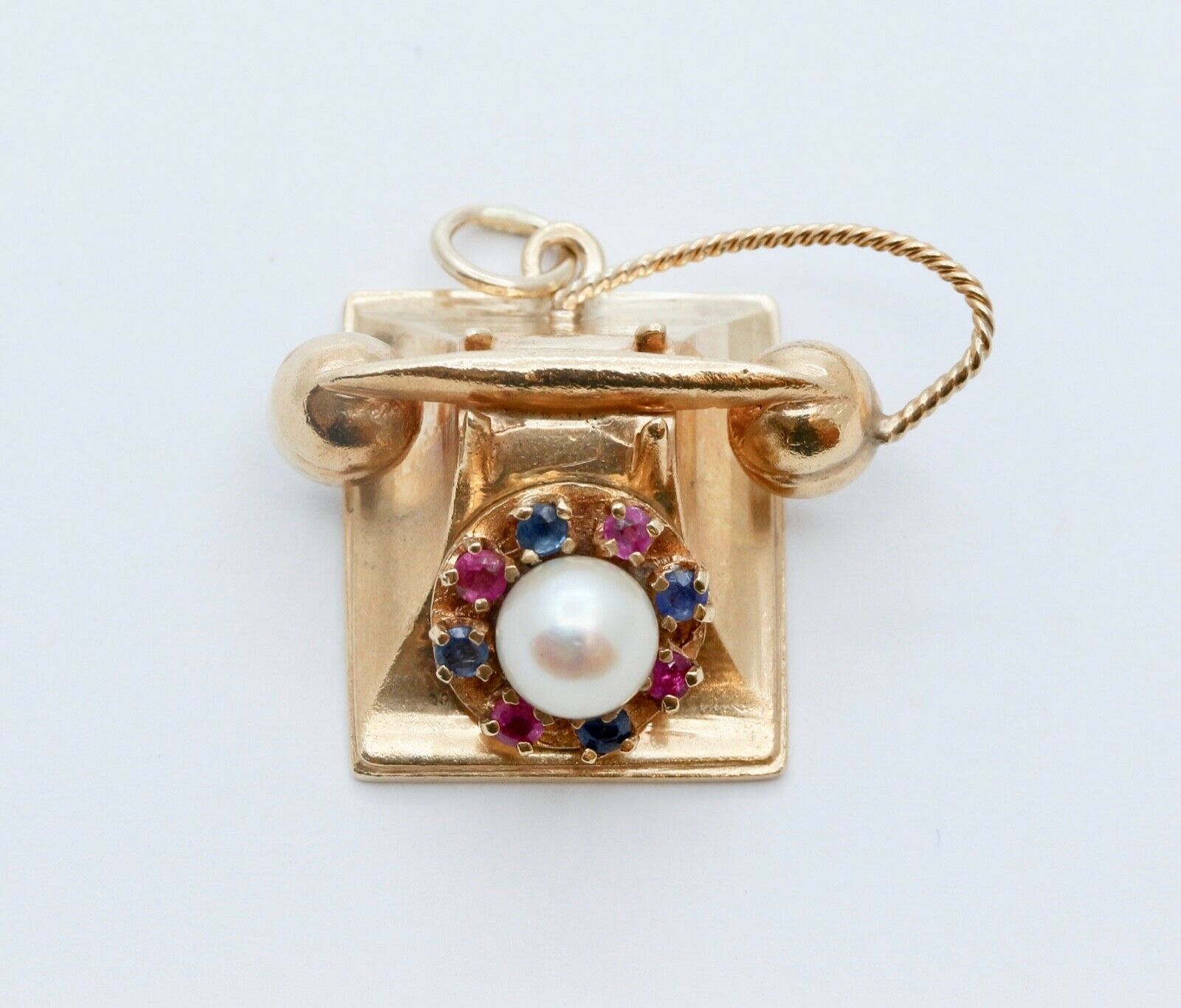 Vintage Moveable Telephone 14K Yellow Gold Pearl Sapphires Rubies Pendant Charm