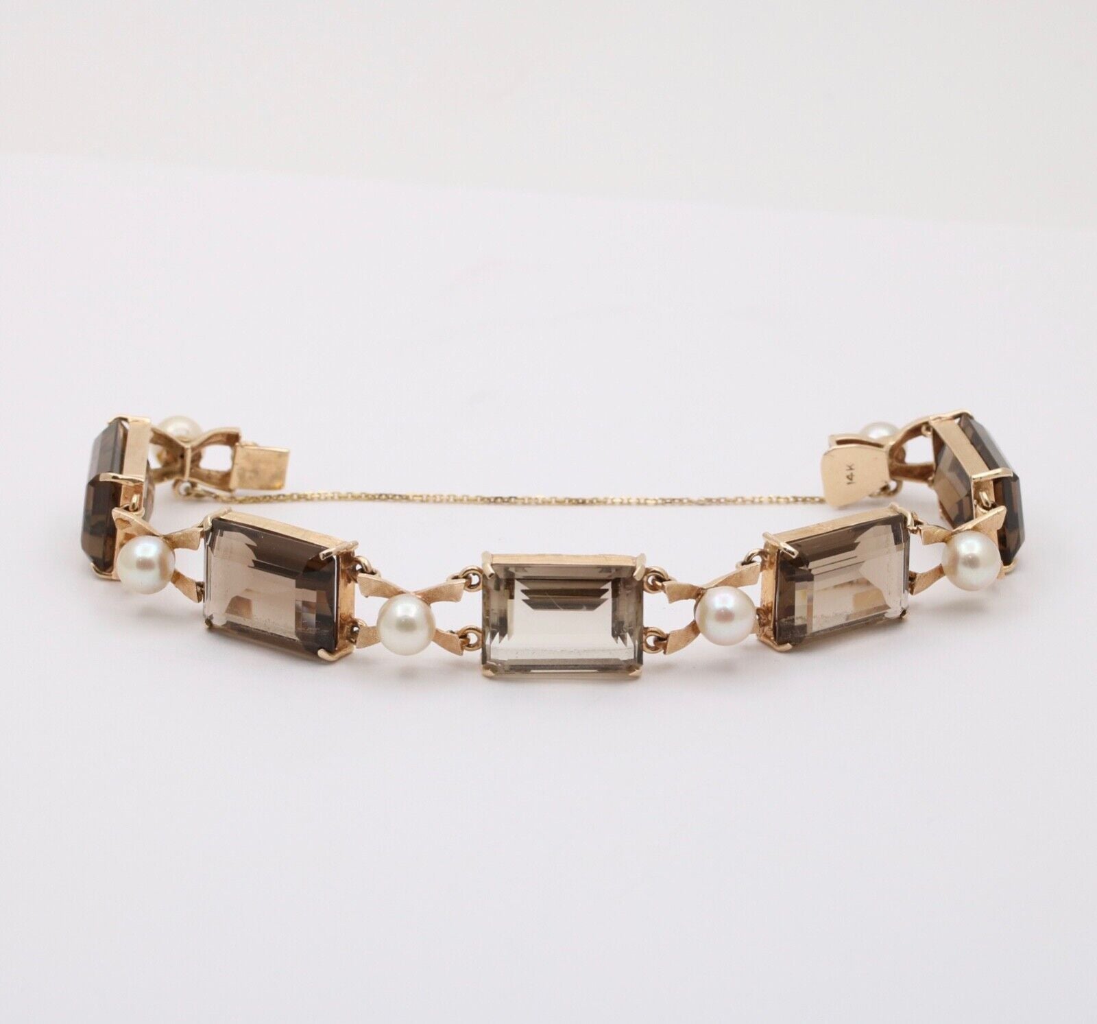 Vintage 14K Yellow Gold Smoky Topaz & Pearl Bracelet