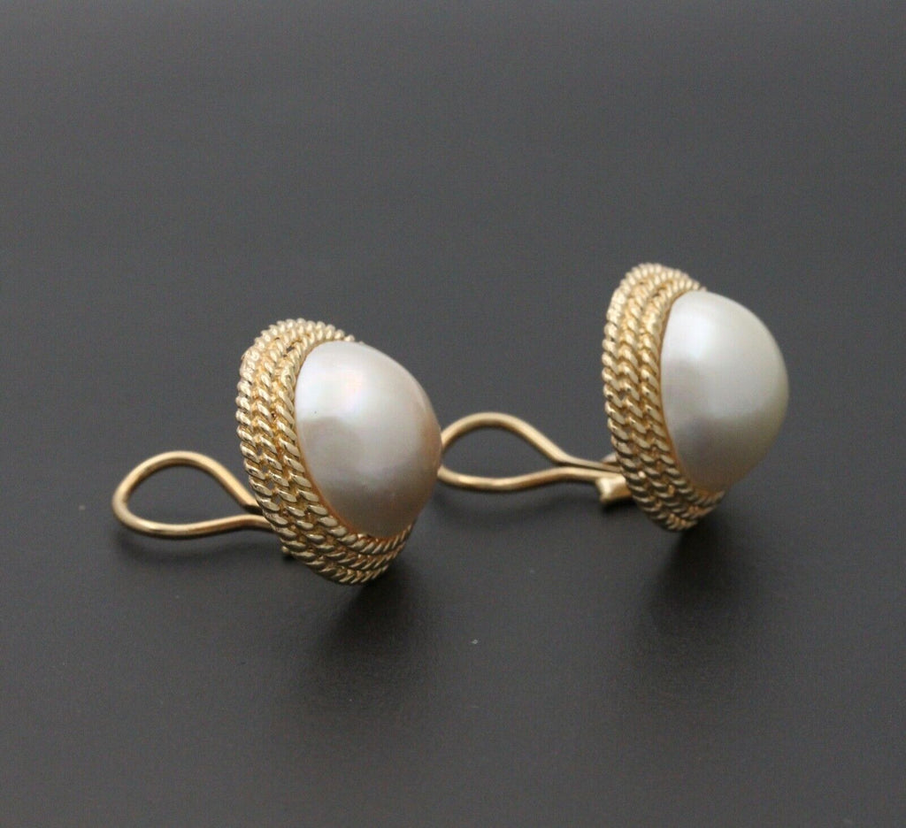 Vintage 14K Yellow Gold Large 16 mm Mabe Pearl Earrings.