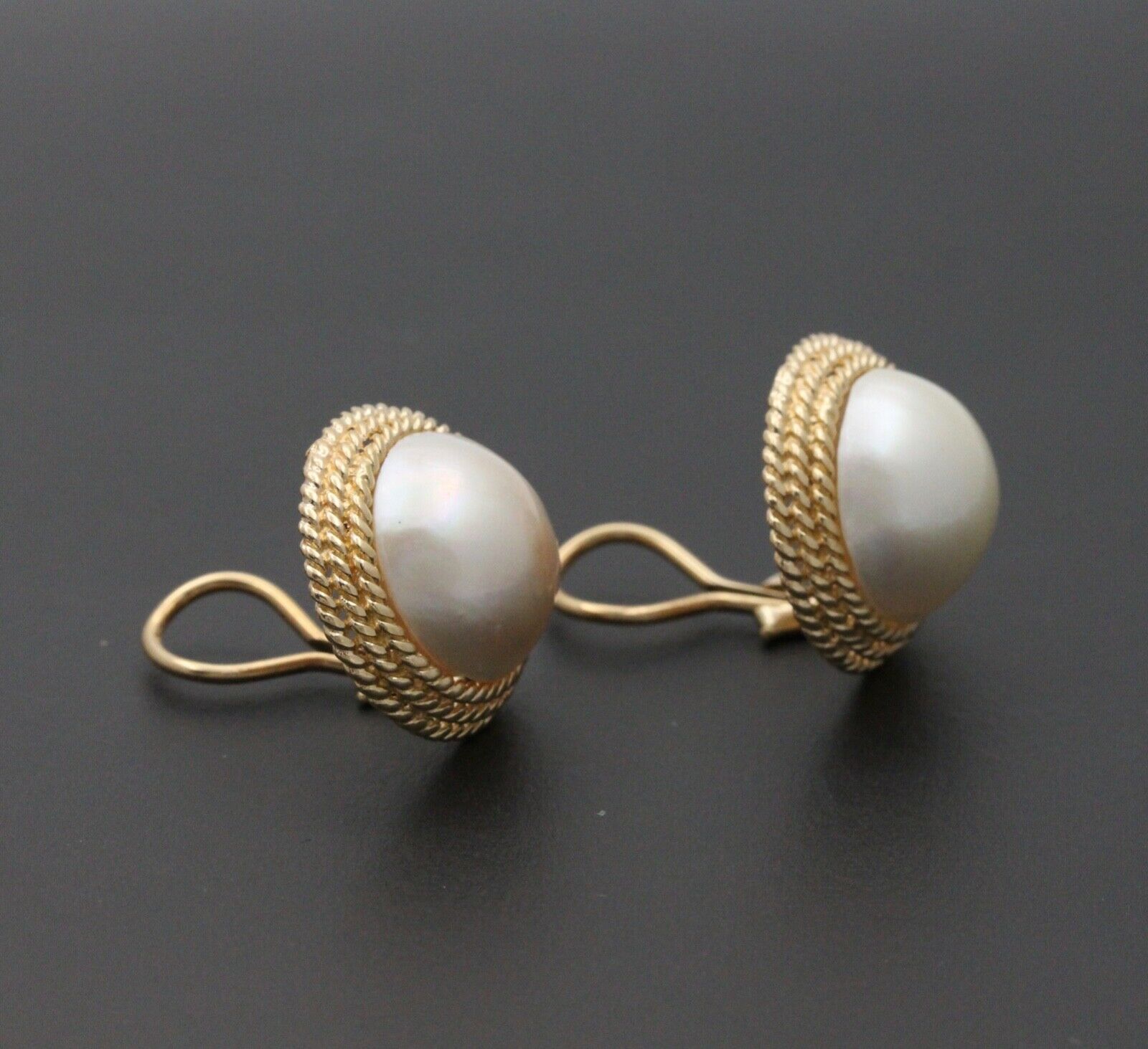 Vintage 14K Yellow Gold Large 16 mm Mabe Pearl Earrings.
