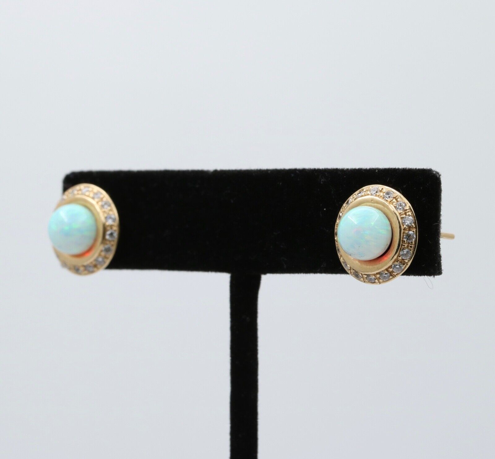 Vintage 14K Gold Opal, Diamond Halo Studs Earrings.