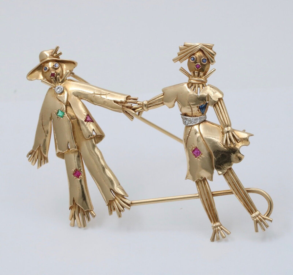 Vintage Raggedy Ann and Andy Diamonds Sapphires Emeralds 14K YG Brooch Pin