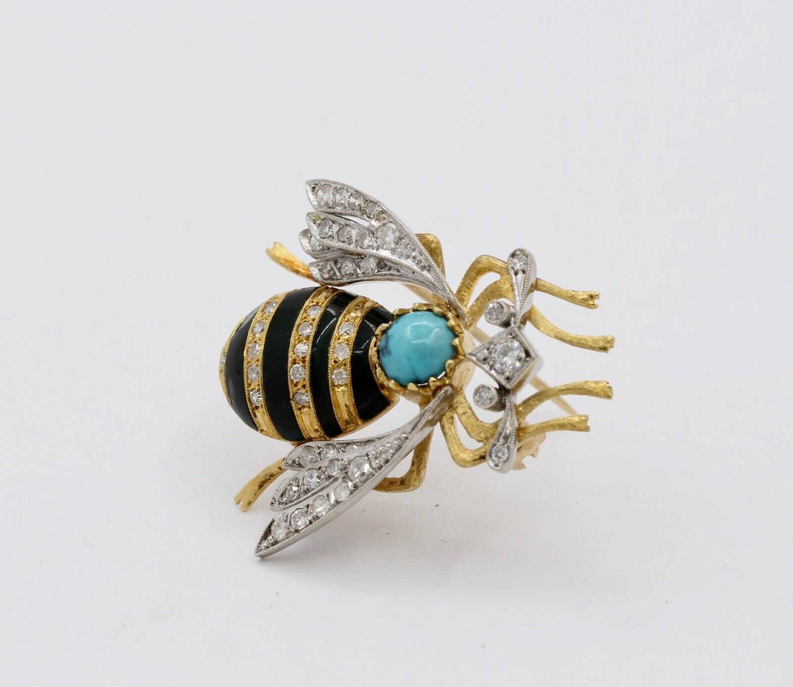 Vintage Honey Bee 18K Diamonds Turquoise Enamel Brooch Pin