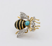 Load image into Gallery viewer, Vintage Honey Bee 18K Diamonds Turquoise Enamel Brooch Pin
