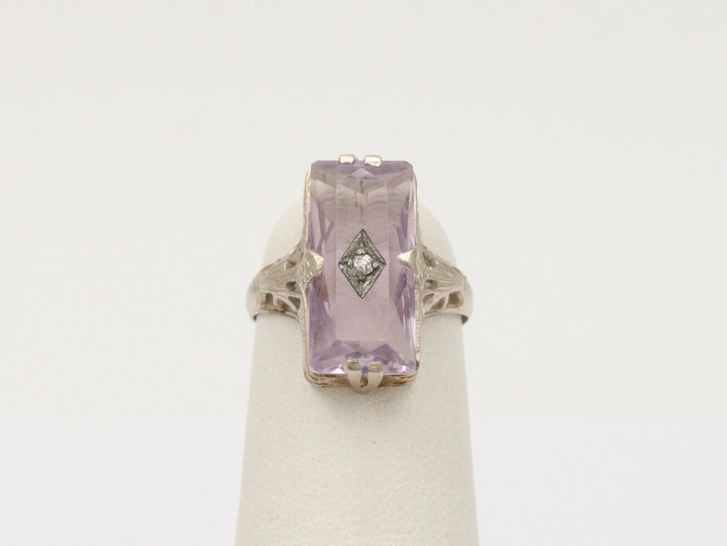 Art Deco Rose De France Amethyst Rose Cut Diamond 14K White Gold Ring