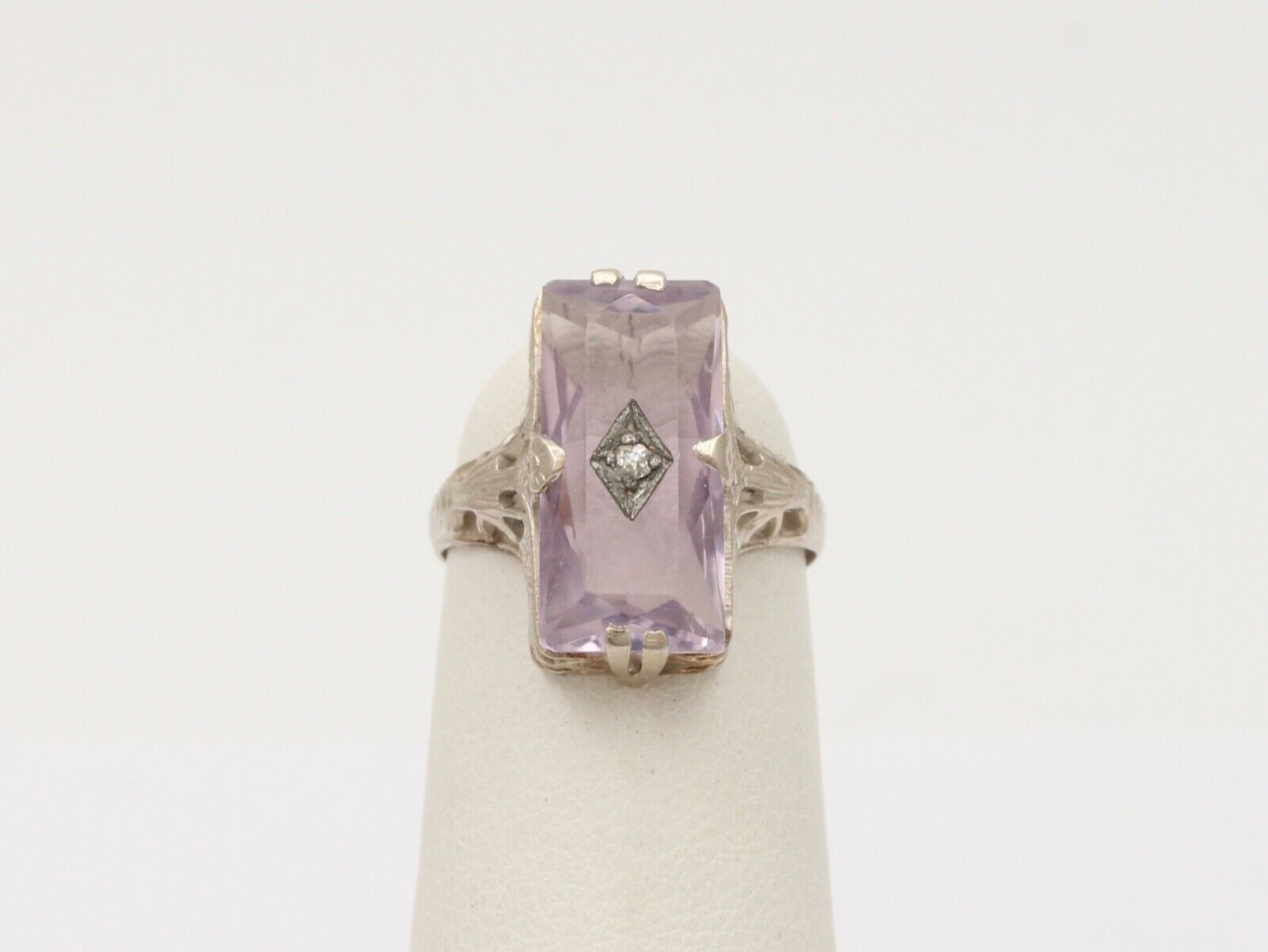 Art Deco Rose De France Amethyst Rose Cut Diamond 14K White Gold Ring