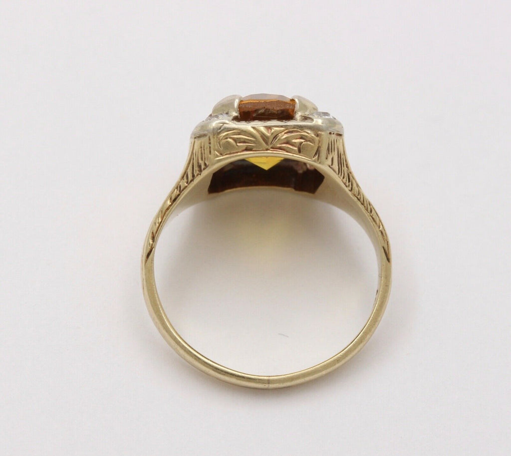 Art Deco Lemon Citrine Diamonds 14K Yellow White Gold Ring