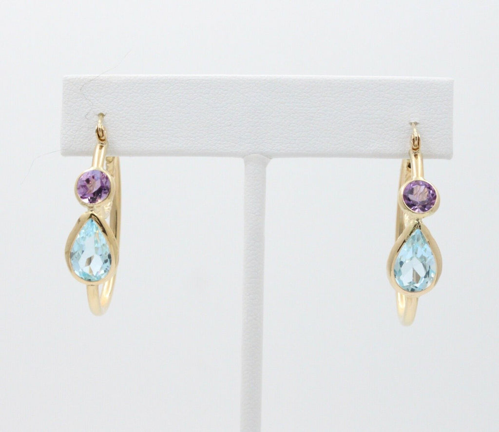 Minimalist 14K Yellow Gold Blue Topaz & Amethyst Huggie Earrings.