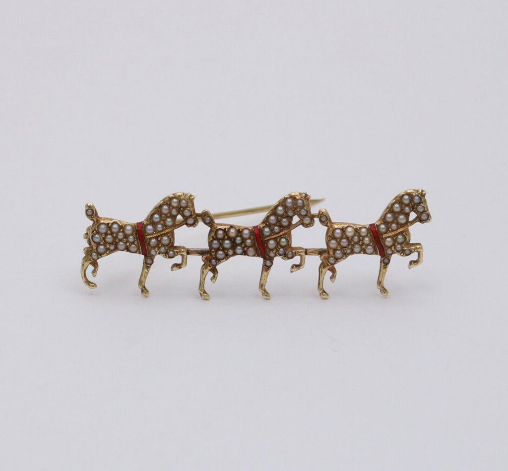 Victorian Hackney Horses Seed Pearls Red Enamel 14K Yellow Gold Brooch