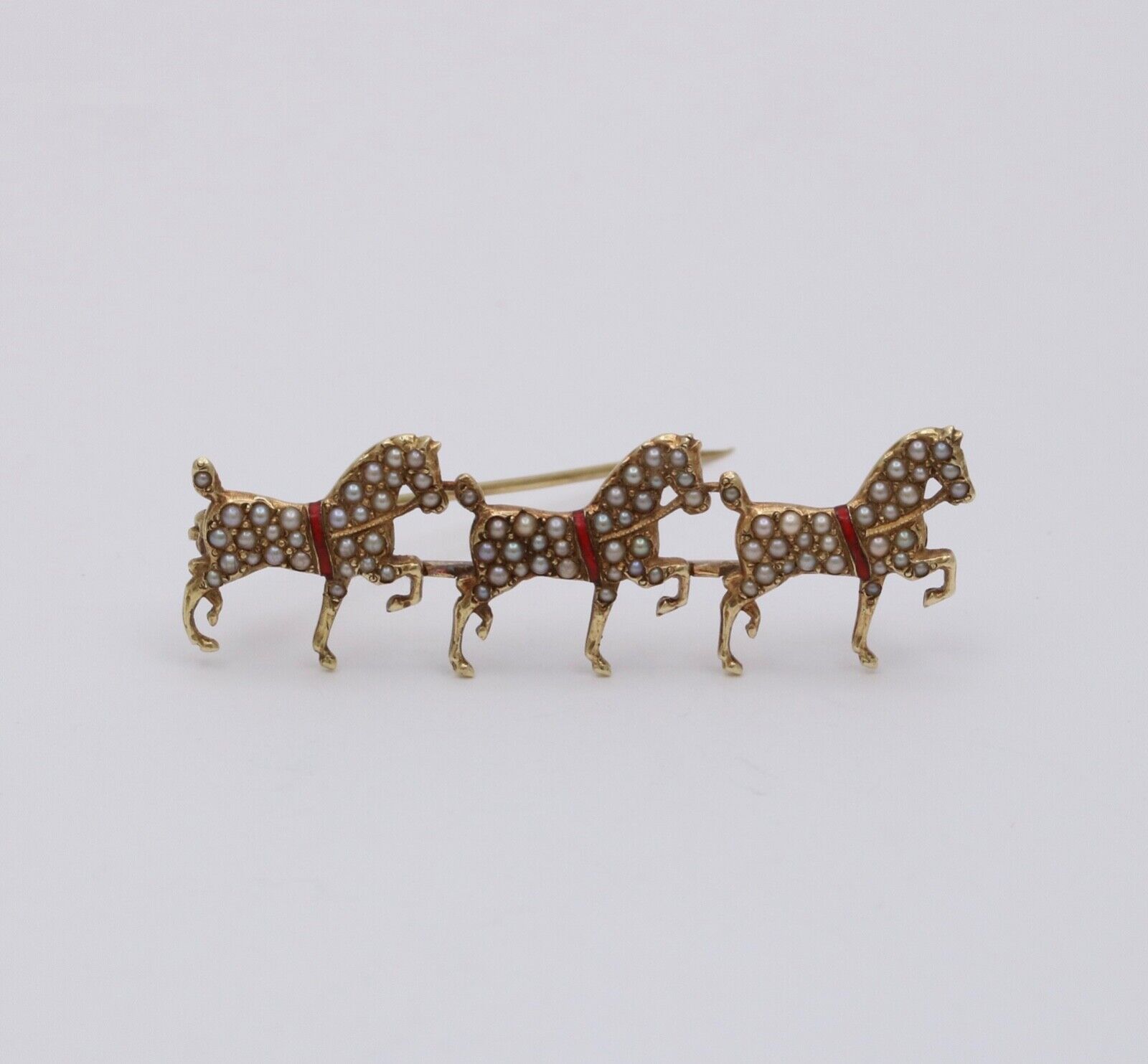 Victorian Hackney Horses Seed Pearls Red Enamel 14K Yellow Gold Brooch
