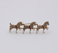 Load image into Gallery viewer, Victorian Percheron Horses Seed Pearls Red Enamel 14K Yellow Gold Brooch
