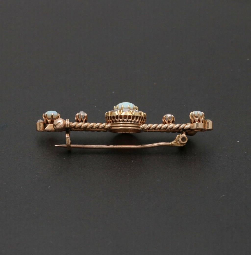 Victorian Opals Diamonds 14K Rose Gold Brooch Pin