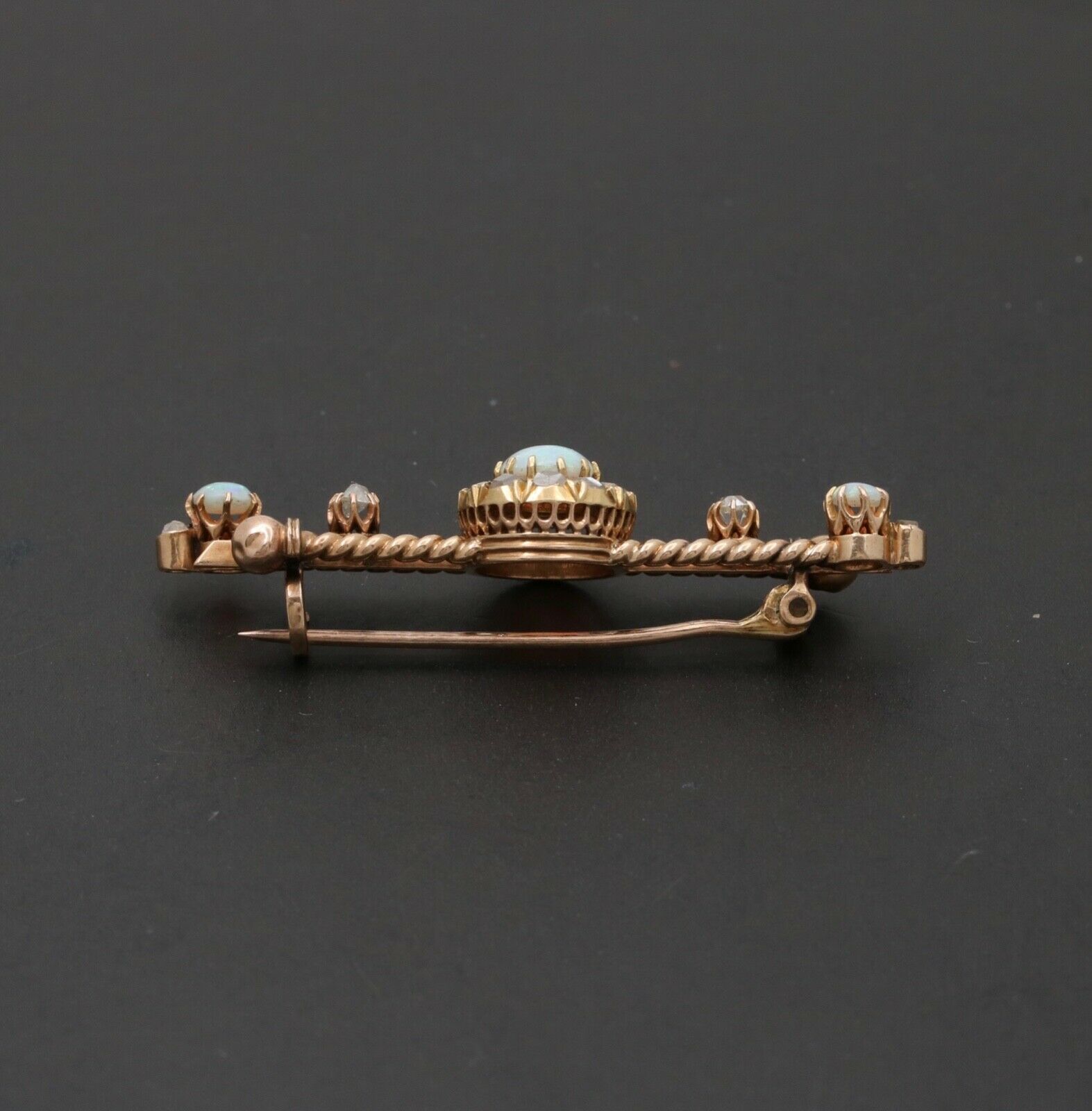 Victorian Opals Diamonds 14K Rose Gold Brooch Pin