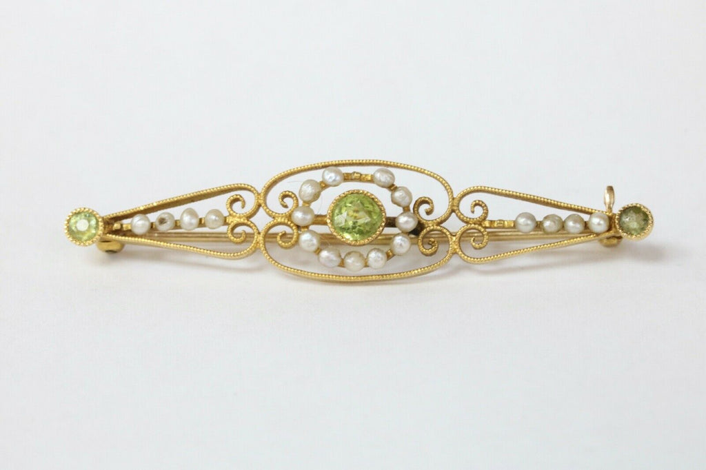 Art Nouveau Peridot & Button Pearl Gold Bar Pin