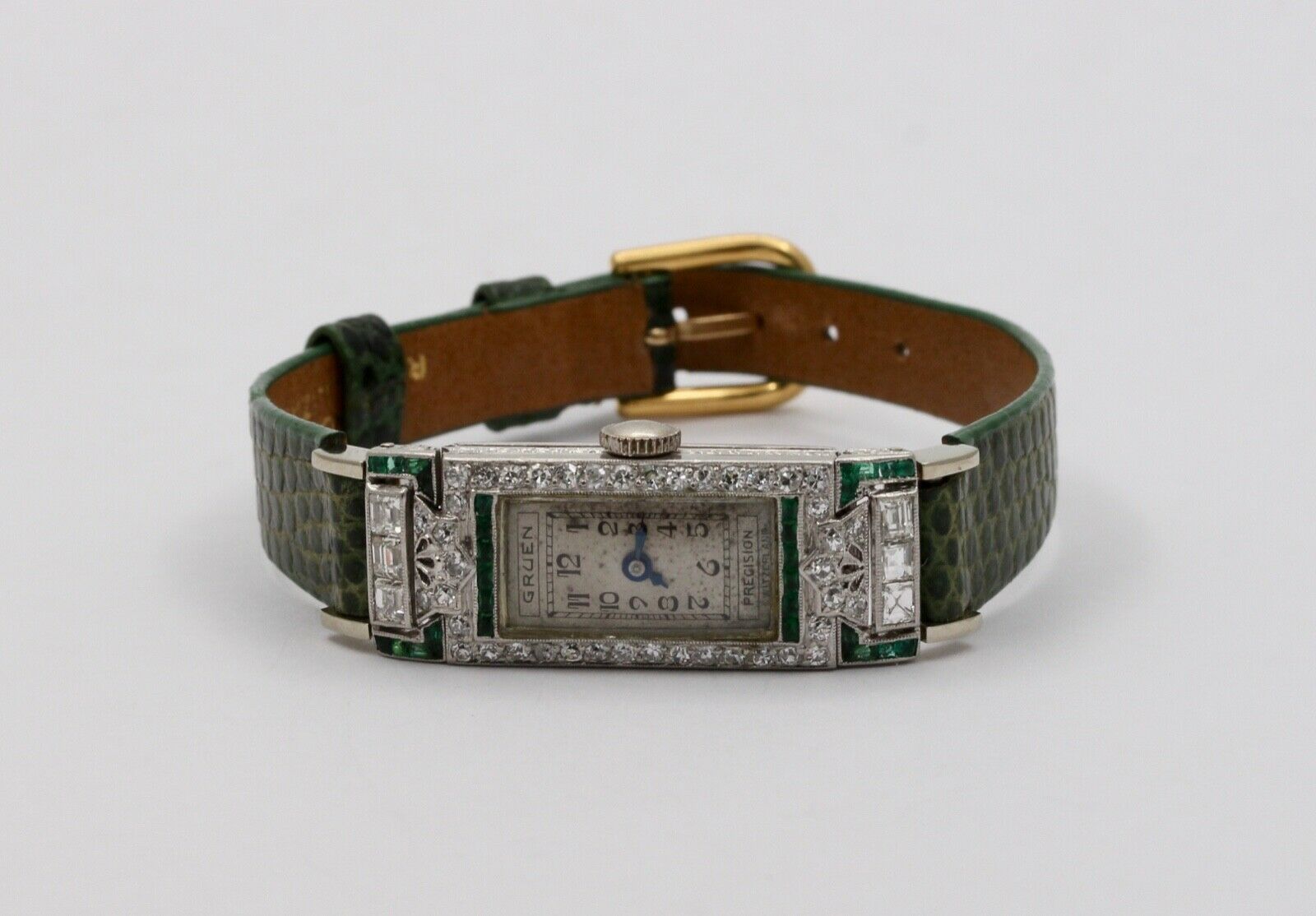Art Deco Gruen Diamonds Emeralds Platinum Ladies Watch