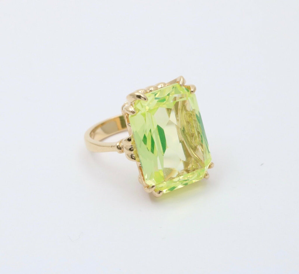 Vintage 14K Yellow Gold Uranium Glass Gem Rhinestones Ring, Vaseline Glass Ring