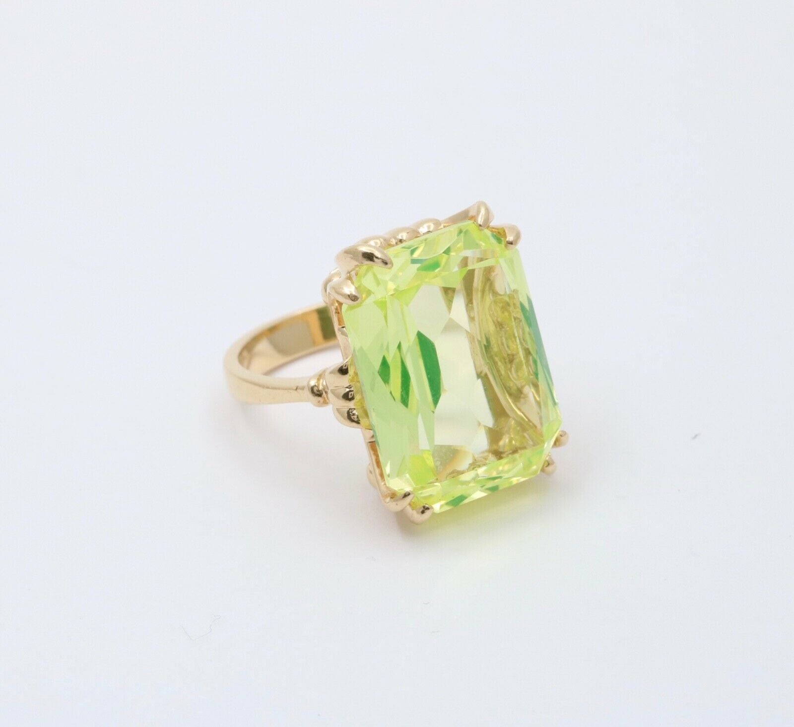 Vintage 14K Yellow Gold Uranium Glass Gem Rhinestones Ring, Vaseline Glass Ring
