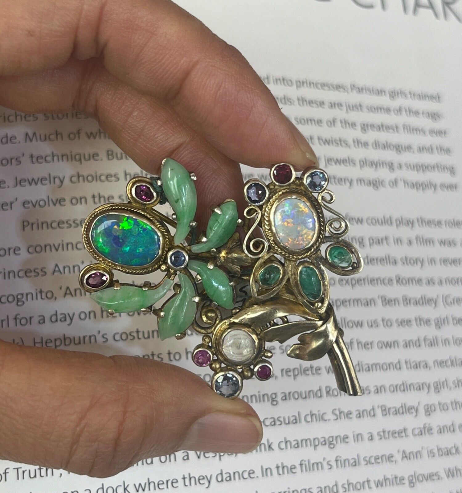 Antique Silver Art & Craft Opal & Jade Flower Brooch.