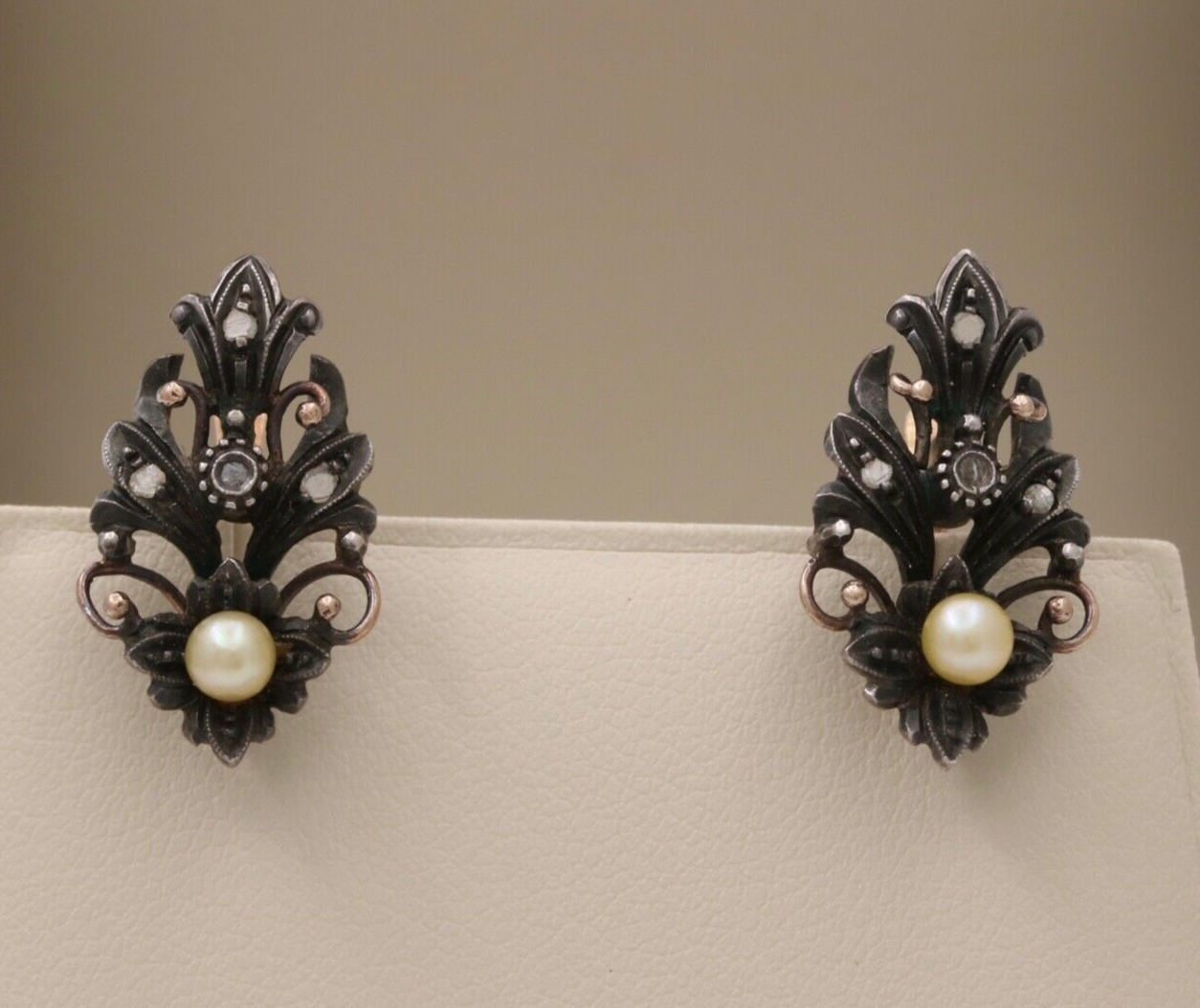 Victorian 10K Gold Diamond And Pearl Earrings