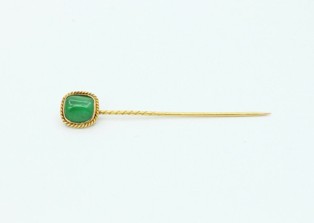 Vintage 18K Yellow Gold Rope Filagree Natural Jade Stick Pin