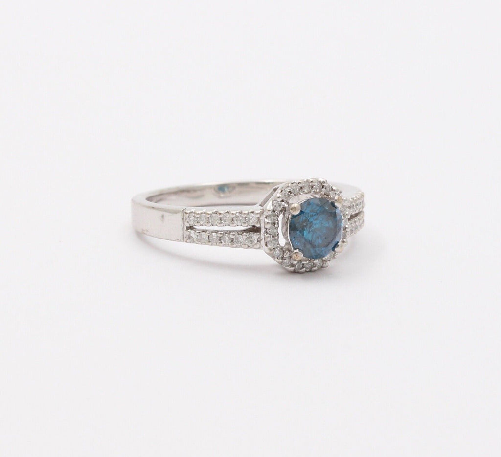 Vintage 14K White Gold Blue Topaz Diamond Halo Ring, Engagement Rig