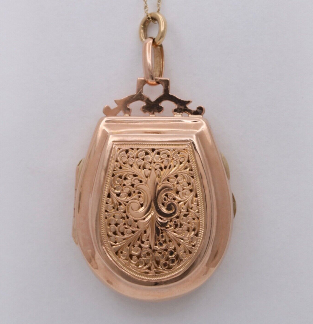 Vintage 18K Rose Gold Heavy Chased fleur de lis Locket Pendant