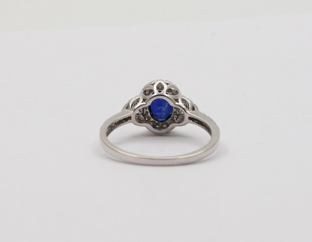 Vintage Cushion Cut Sapphire and Diamond Halo 14K White Gold Ring
