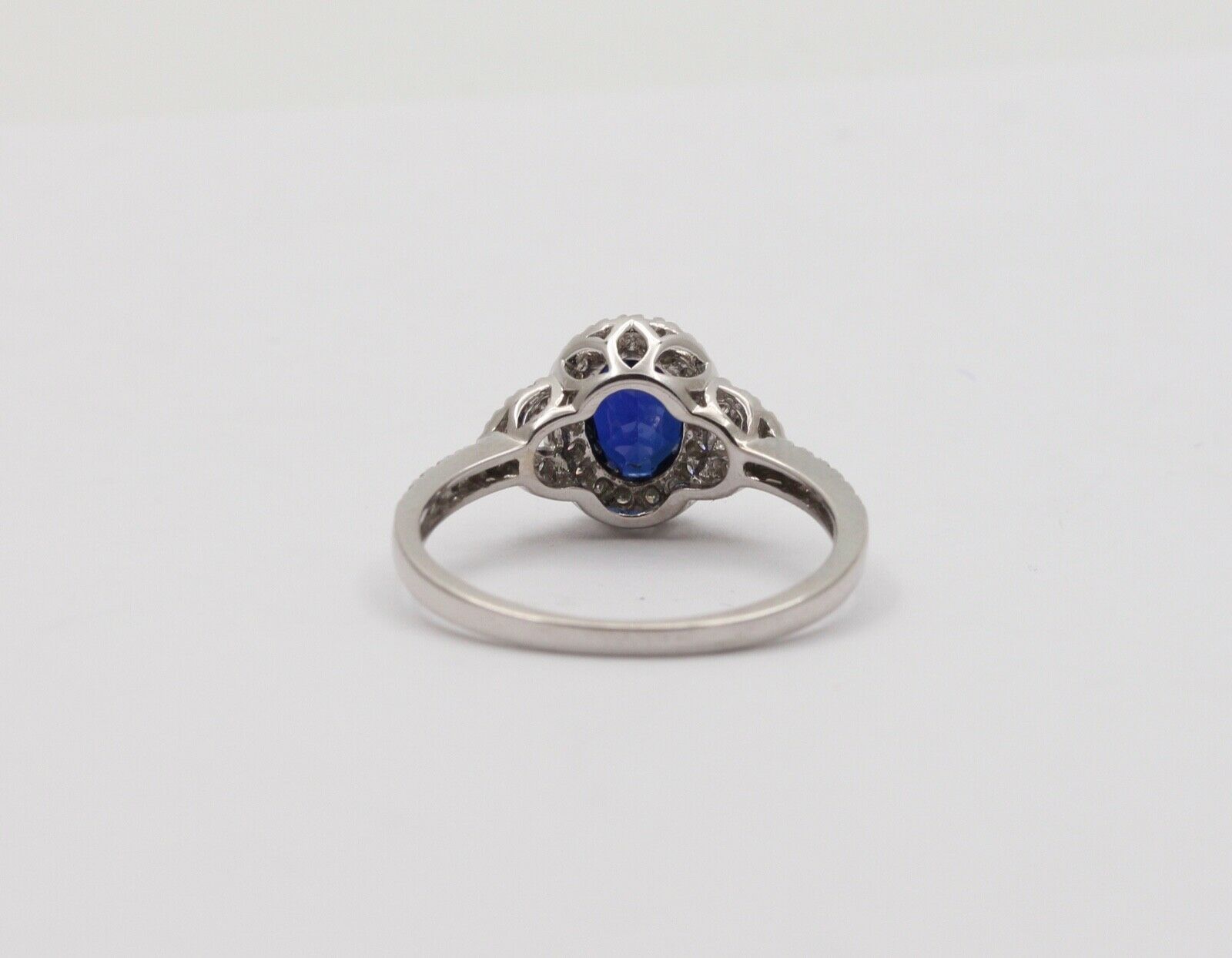 Vintage Cushion Cut Sapphire and Diamond Halo 14K White Gold Ring