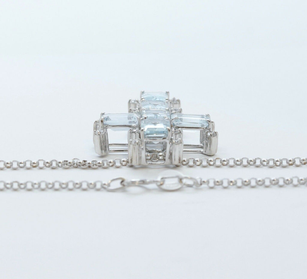 Vintage Ladies Aquamarine Diamonds 18K White Gold Cross and Chain