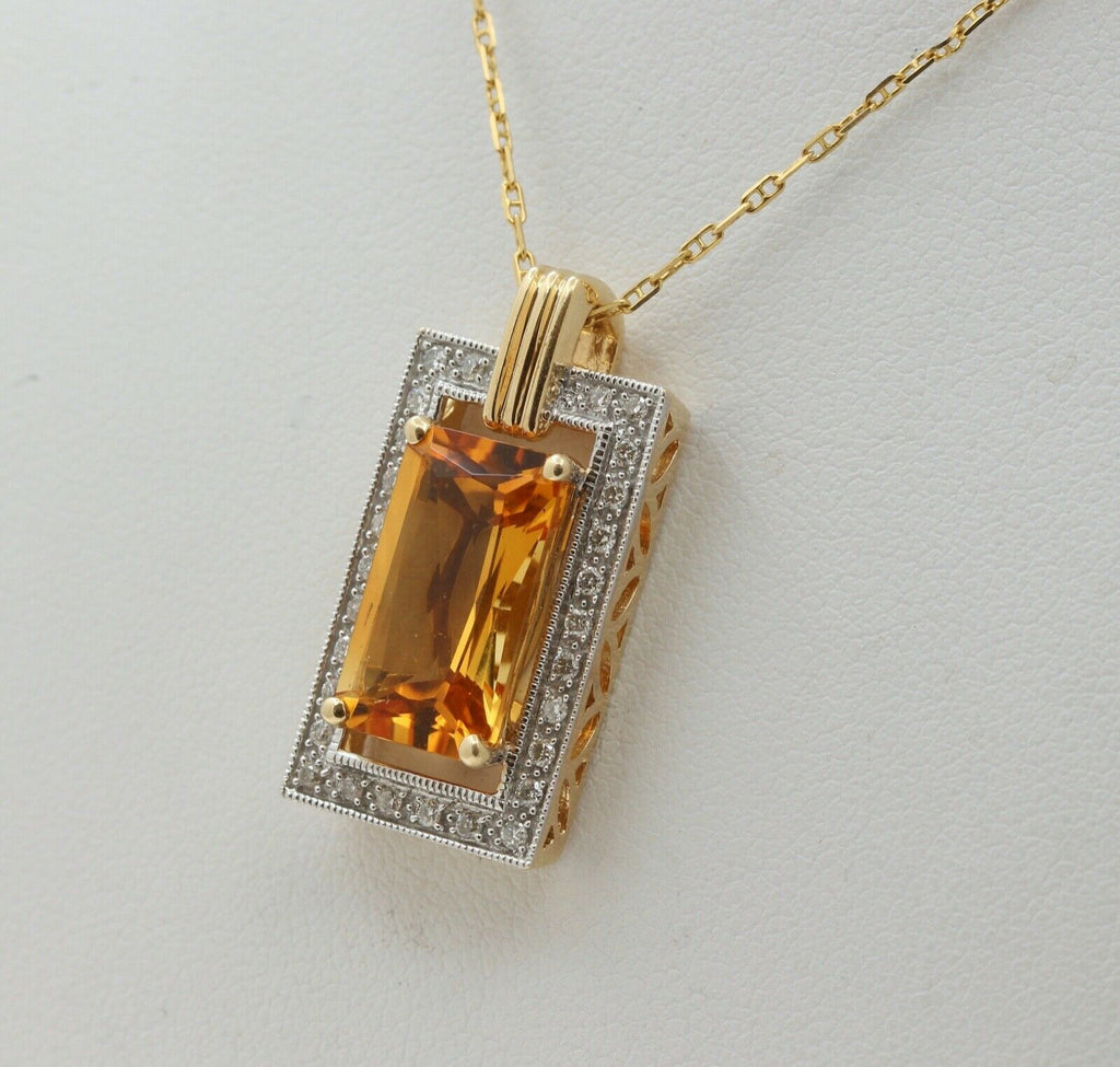 Vintage Emerald Cut Citrine Diamonds 14K Yellow Gold Pendant