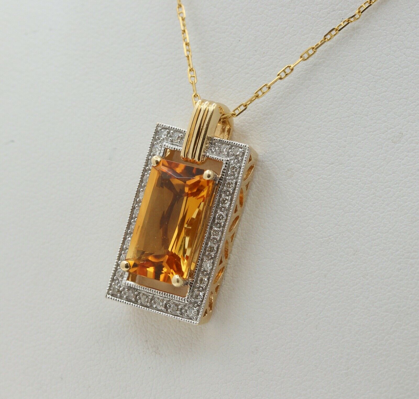 Vintage Emerald Cut Citrine Diamonds 14K Yellow Gold Pendant