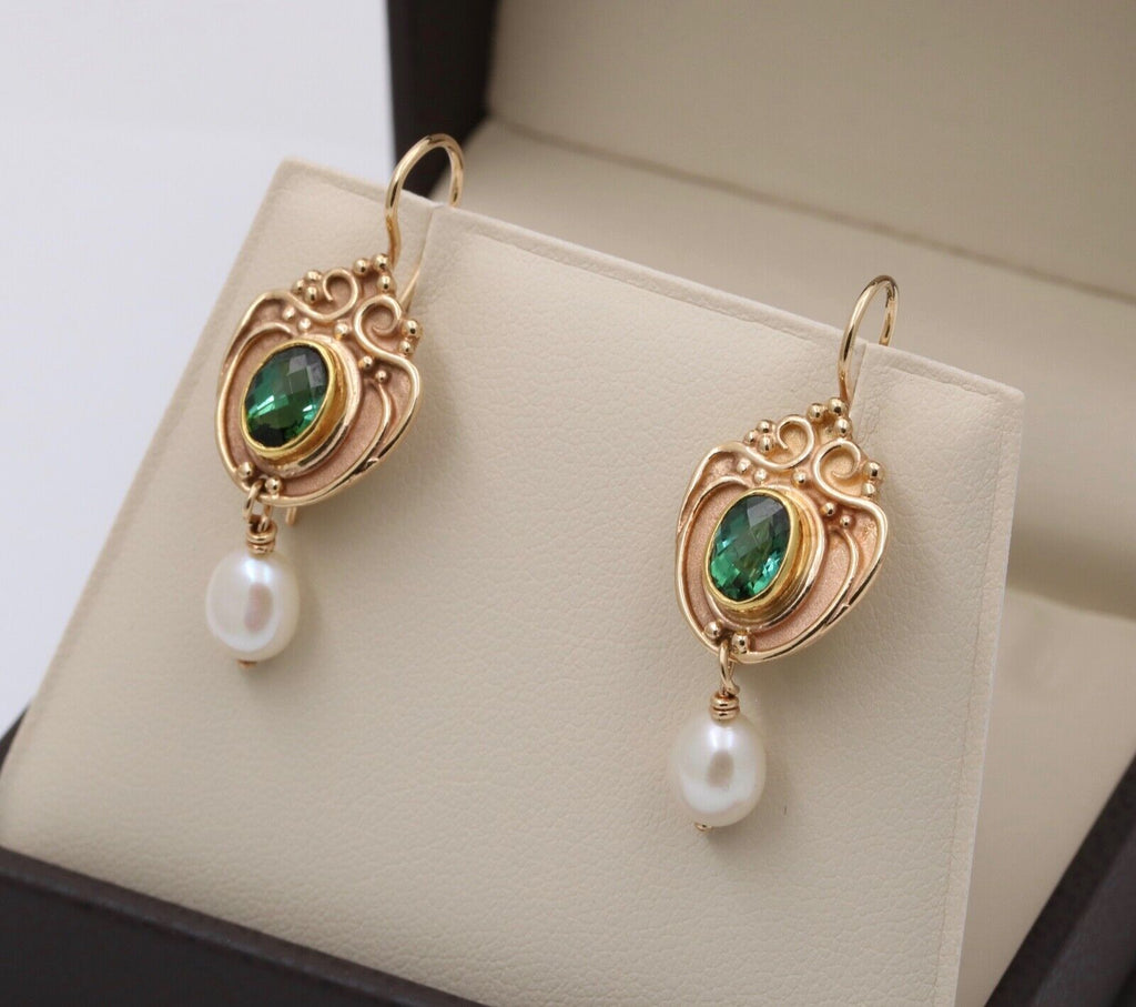Vintage 14K Yellow Gold Green Tourmaline & Pearl Dangling Earrings